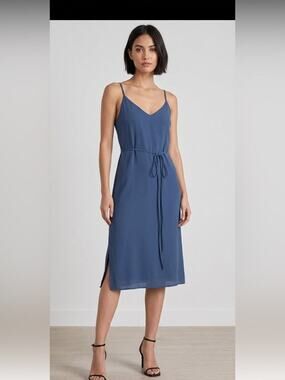Lulu's Slate Blue Chiffon Tie Waist V-Neck Midi Dress Size Large NWT